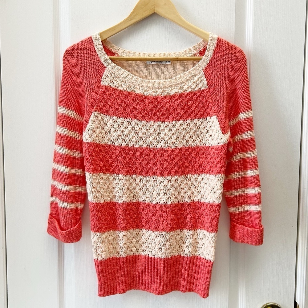 Ricki’s Sweater Lightweight Cotton Open Weave Coral Orange Stripes Size Small - Picture 3 of 15